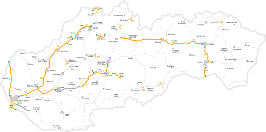 Mapa płatnych dróg w Słowacji